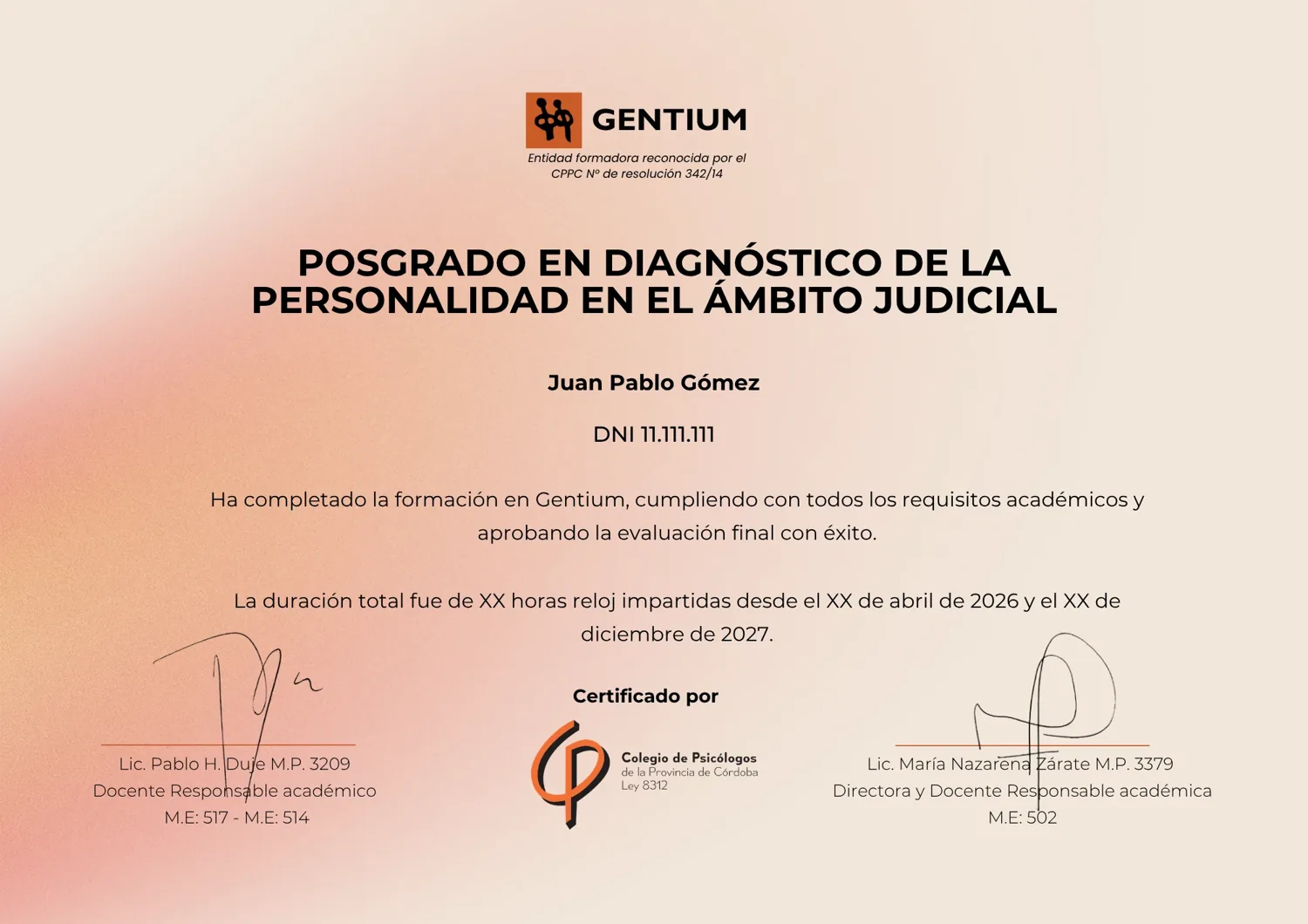 Certificado del Posgrado en Diagnóstico de la Personalidad en el Ámbito Judicial, avalado por el Colegio de Psicólogos de la Provincia de Córdoba